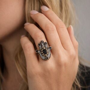 Sterling Silver Hamsa Statement Ring with Black & Clear Stones - Size 7.5